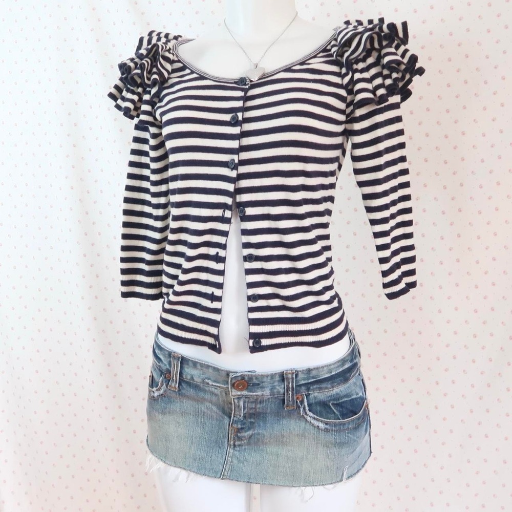 Y2K Black White Striped Ruffle Sleeve Cardigan H&M